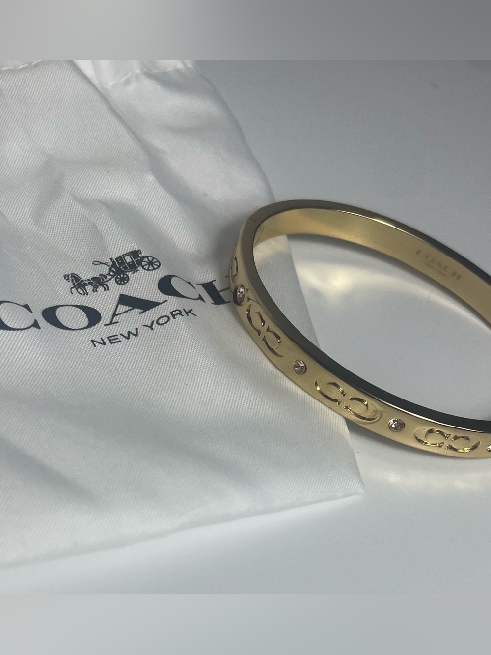 Coach Gold Logo Bangle Bracelet with Crystal Accents